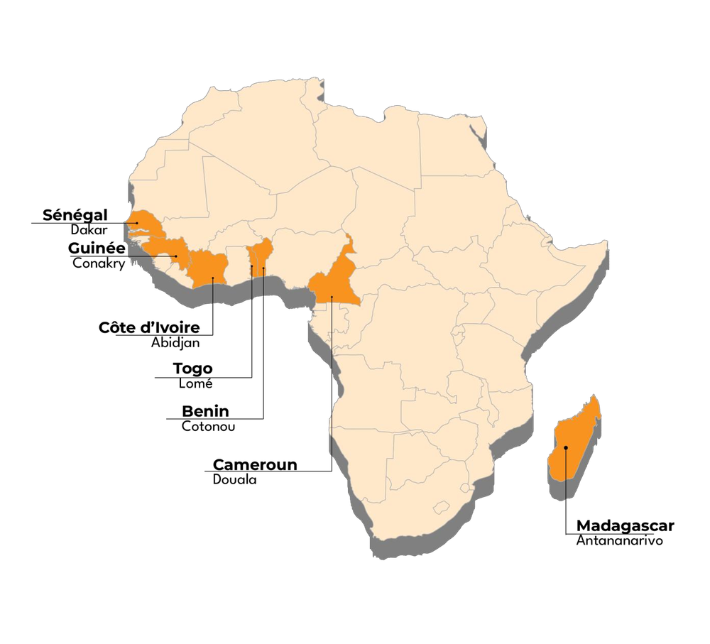 Carte de la présence de Chorus Gestion Groupe en Afrique : Sénégal, Guinée, Côte d'Ivoire, Togo, Bénin, Cameroun et Madagascar